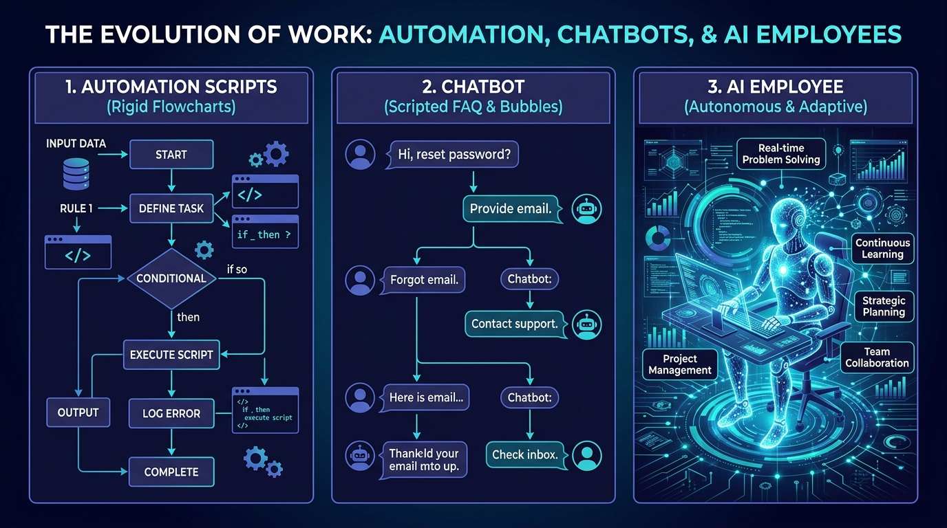 AI Employee vs. Chatbot vs. Automation Script: What's Actually Different?